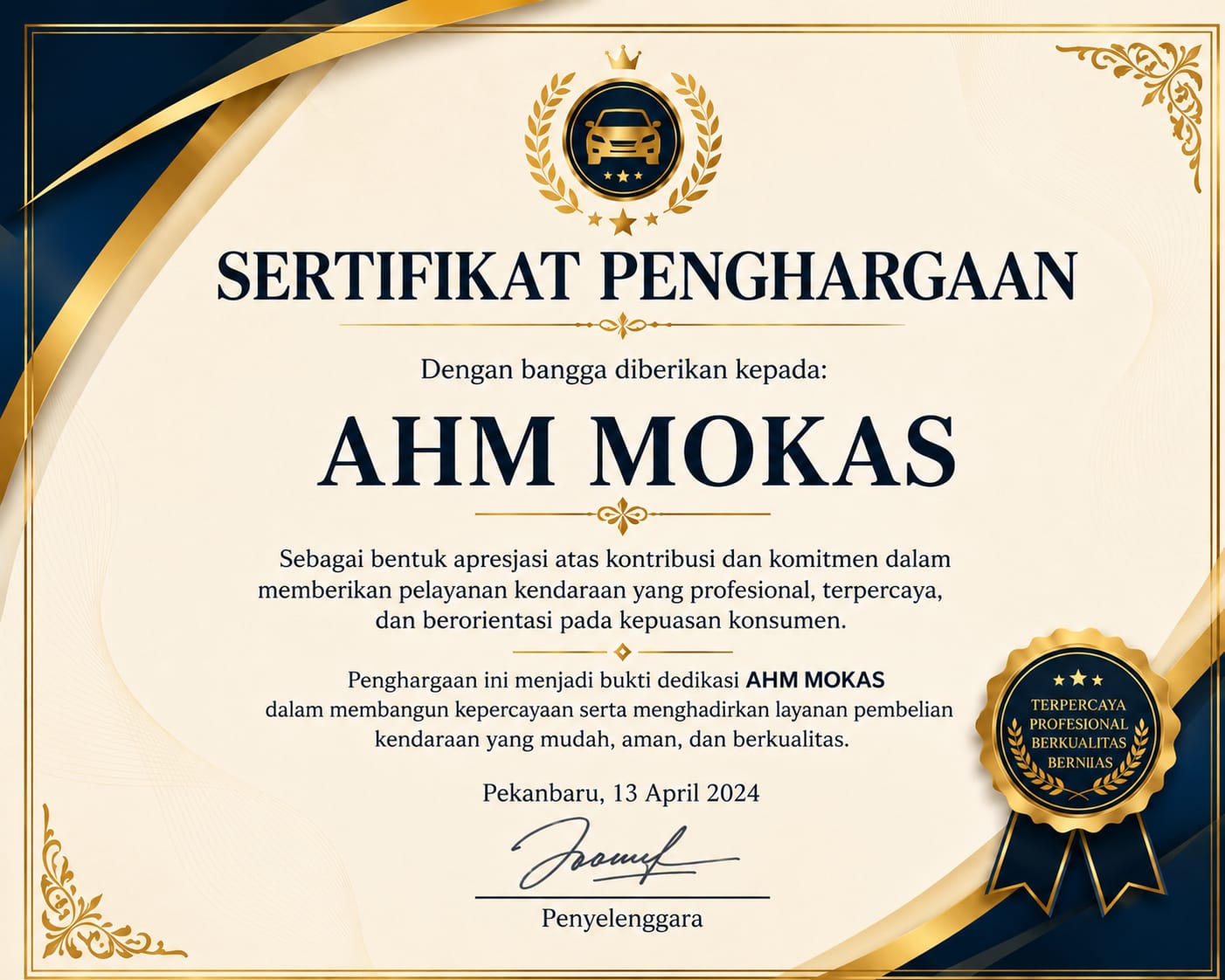 Sertifikat Penghargaan AHM MOKAS